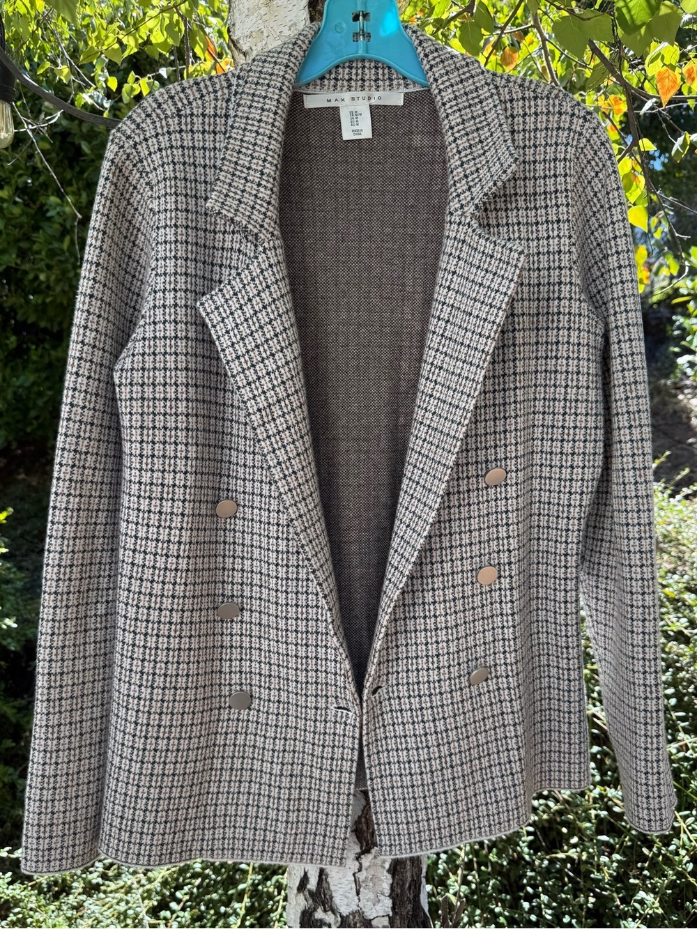 Max Studio Plaid Sweater Blazer Double Breasted Knit Cardigan Jacket M